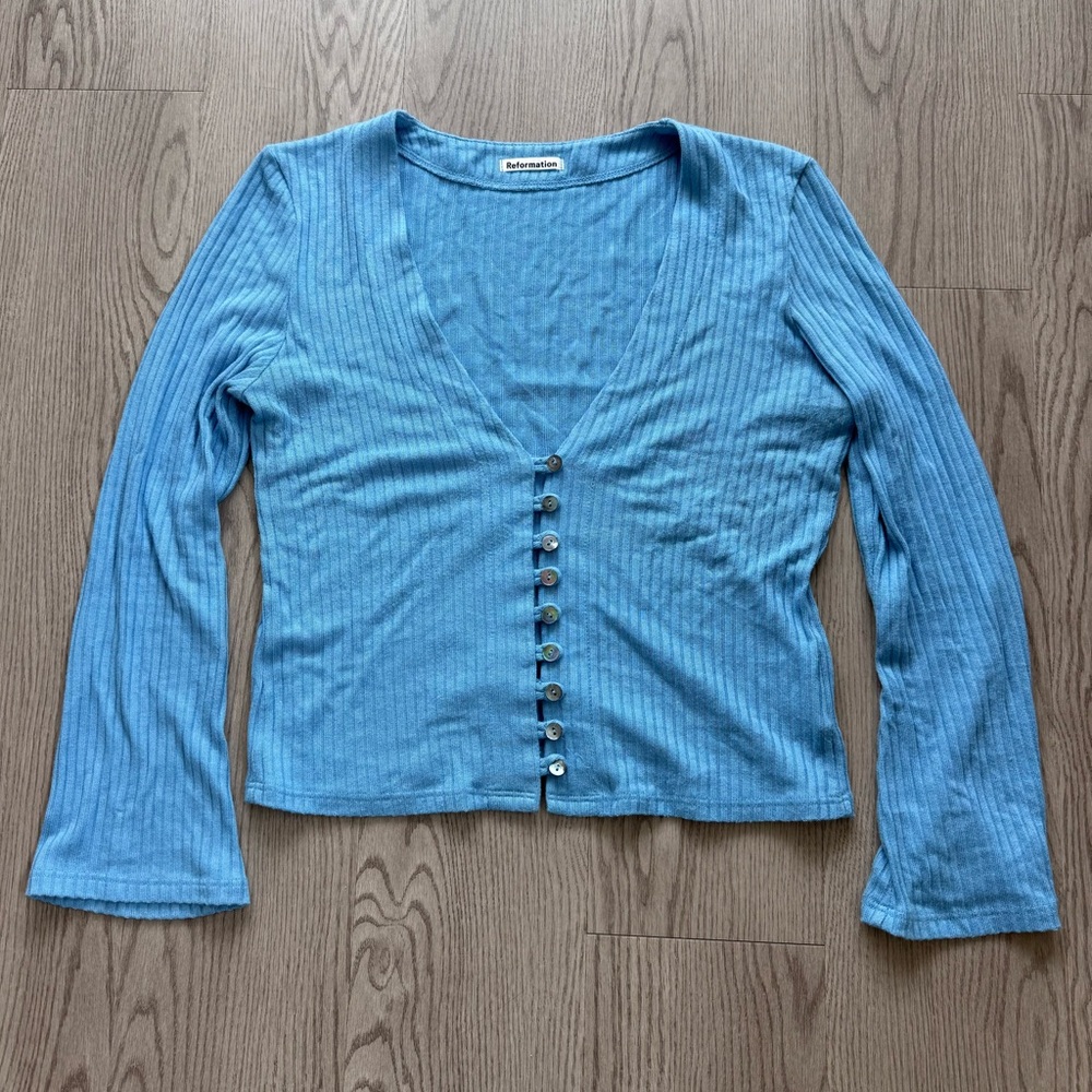 Reformation Blue Ribbed Button-Up Top